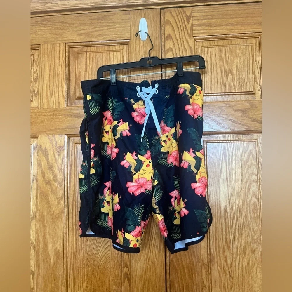 Men’s - Black Floral Pikachu/Pokemon Swim Board Shorts